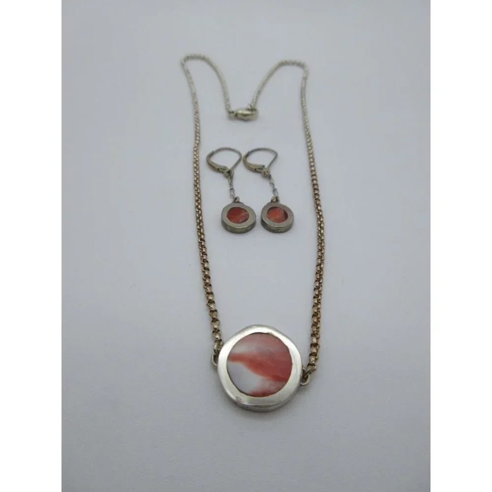 Silver Necklace and Earring Set with Coral Pink Inlay